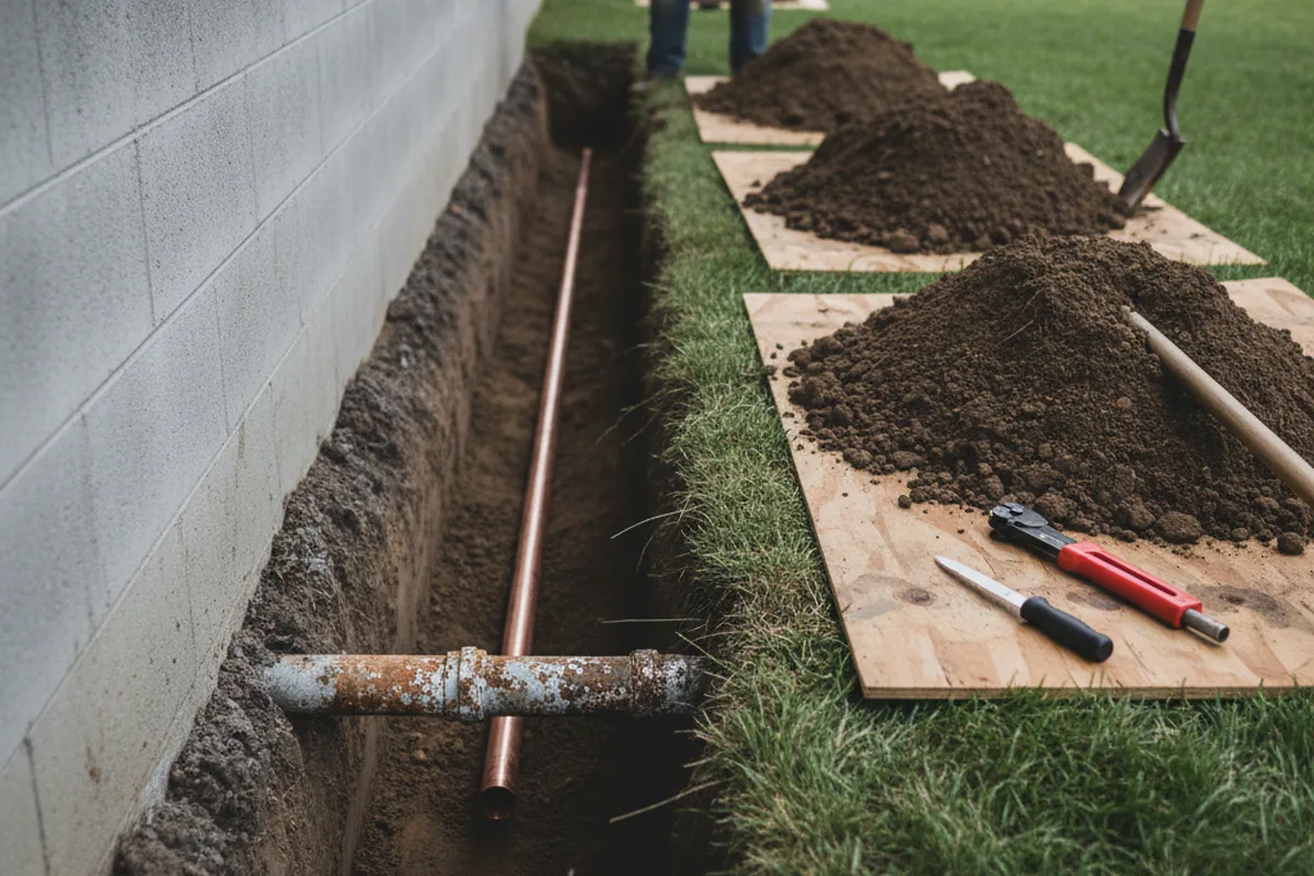 Excavated water line trench during Water Softener Installation in Roanoke